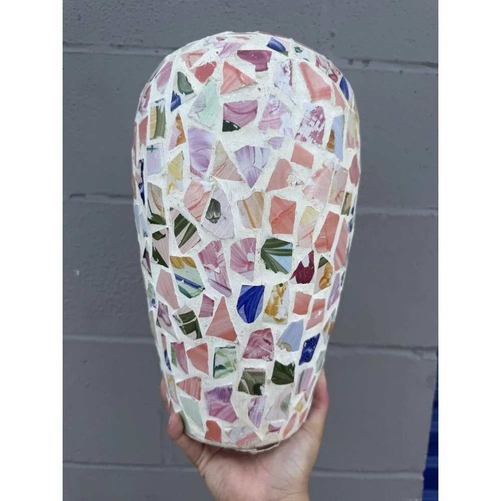 Stone Vase with Pink Multicolor Mosaic Ceramic Pieces Design World Bazaars Inc